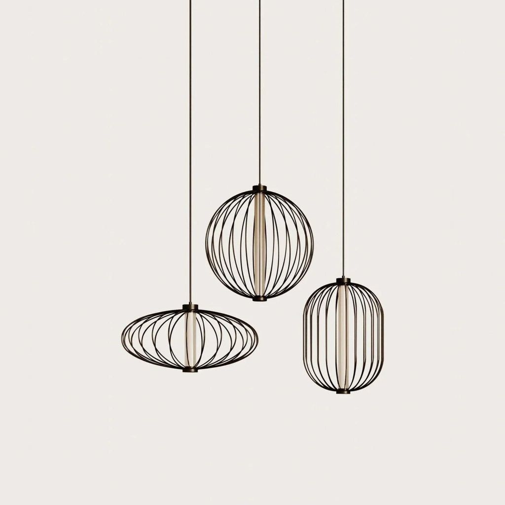 Bowed rod cage LED pendant, three sizes grouped