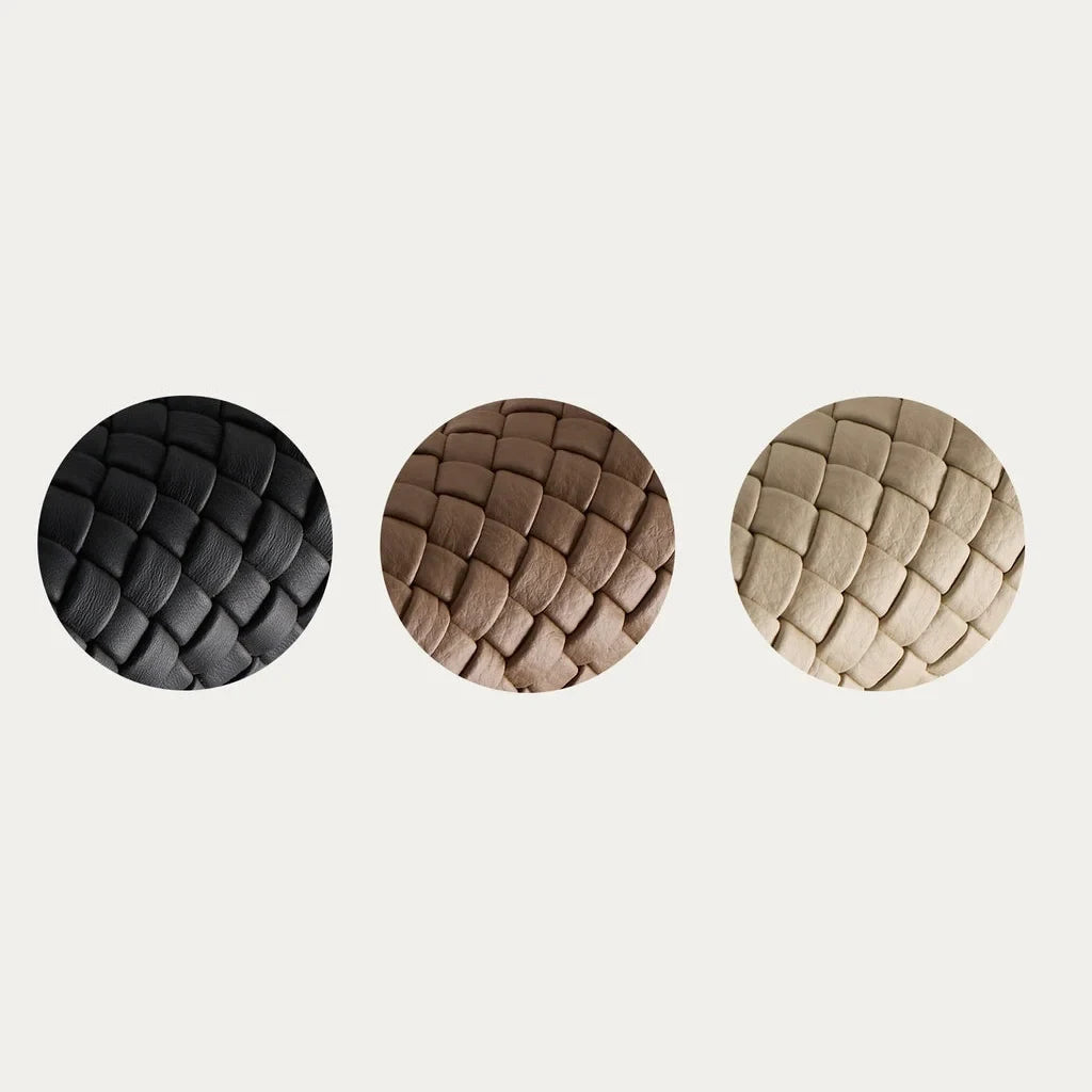 Braided leather column table lamp with drum shade, black, brown and taupe swatches