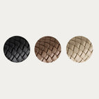 Braided leather column table lamp with drum shade, black, brown and taupe swatches