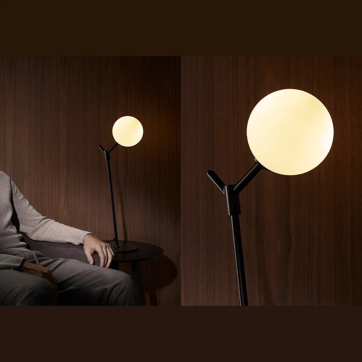 Branch stem table lamp, lit, beside a seated man, plus a close-up