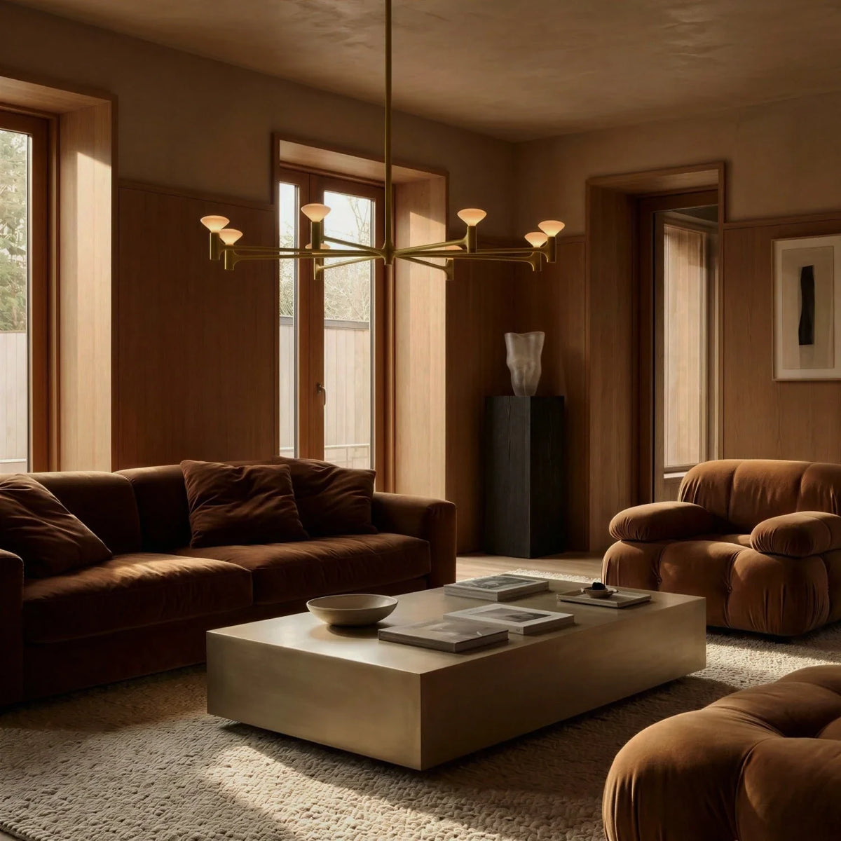 Branching brass chandelier, in a living room