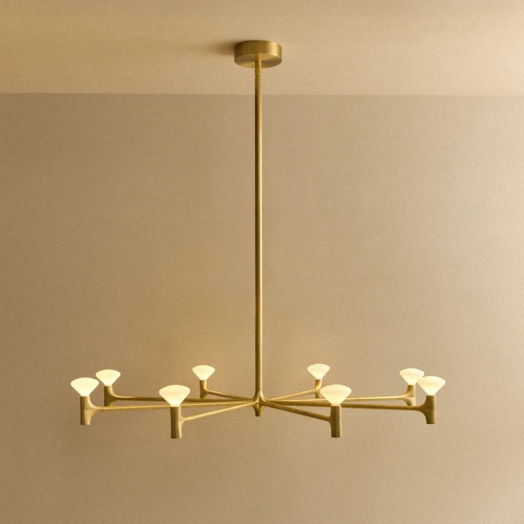 Branching brass chandelier, lit, large