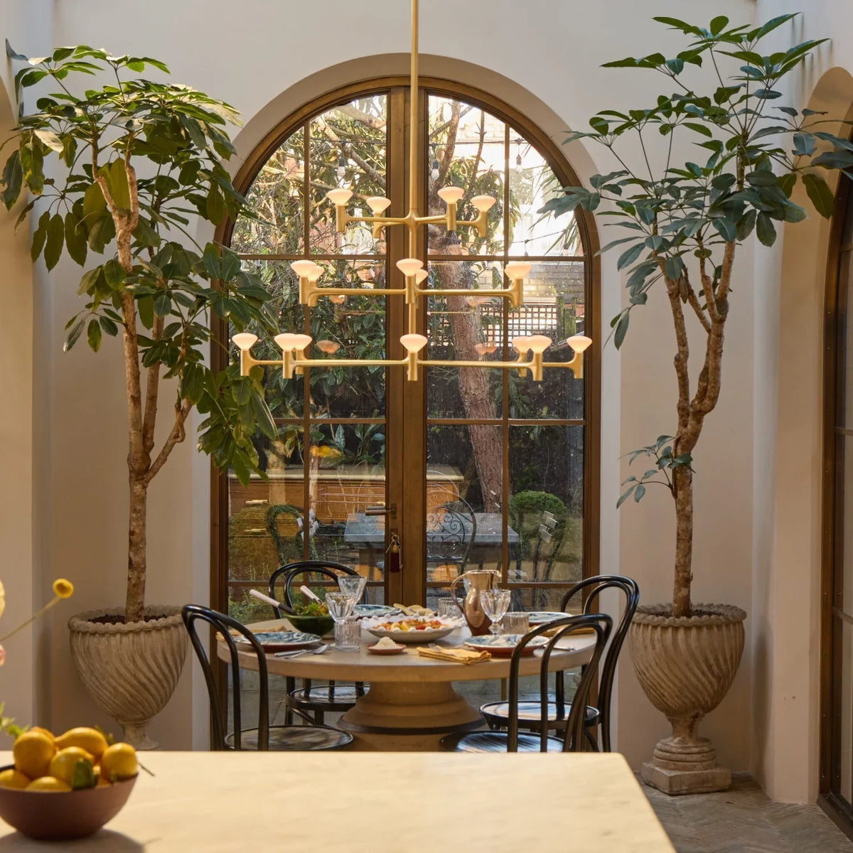 Branching brass chandelier, in a dining room