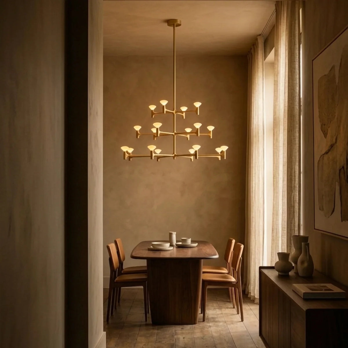 Branching brass chandelier, in a dining room