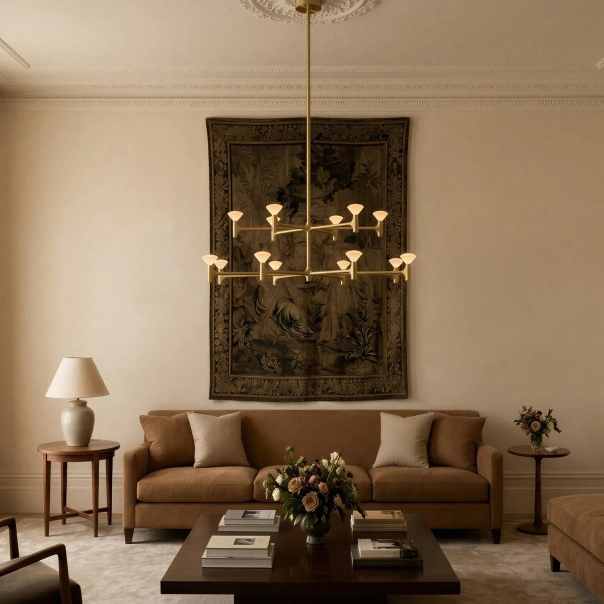 Branching brass chandelier, in a living room