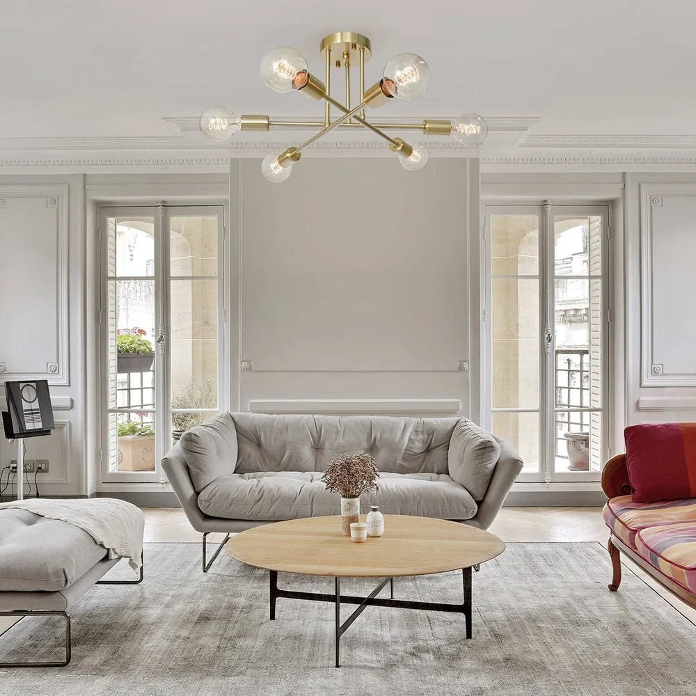 Brass sputnik semi-flush ceiling light, in a living room