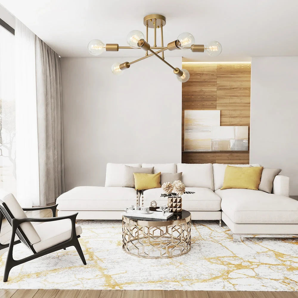 Brass sputnik semi-flush ceiling light, above a modern living room
