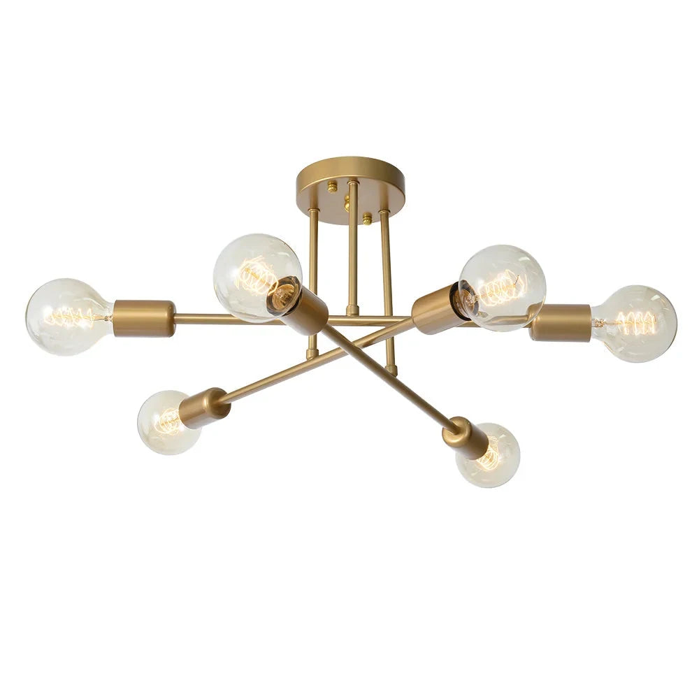 Brass sputnik semi-flush ceiling light, on a white background