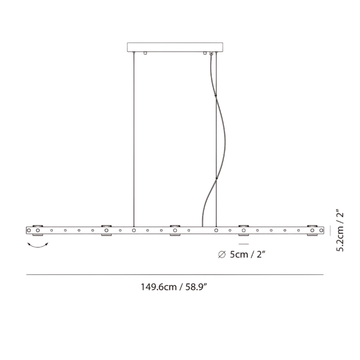 Brass track LED pendant, dimension drawing
