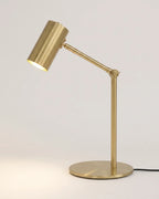Brushed gold desk lamp with an adjustable arm, on a white background