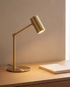 Brushed gold desk lamp with an adjustable arm, on a desk in warm light