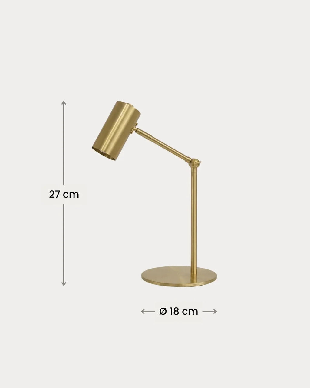 Brushed gold desk lamp with an adjustable arm, with measurements