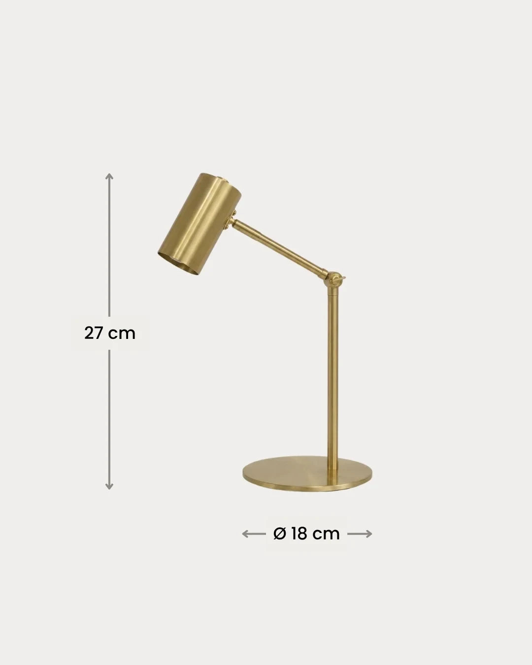 Brushed gold desk lamp with an adjustable arm, with measurements