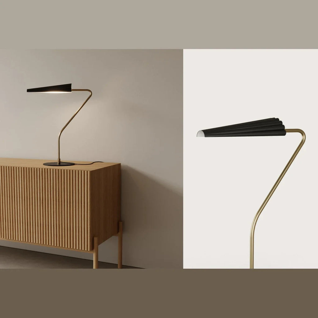 Cantilevered reeded table lamp, on a sideboard, plus a close-up
