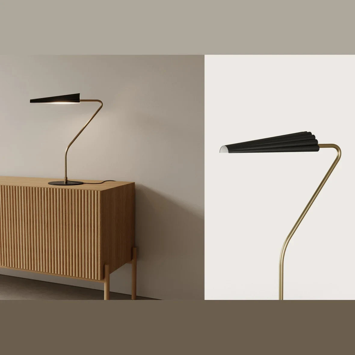 Cantilevered reeded table lamp, on a sideboard, plus a close-up