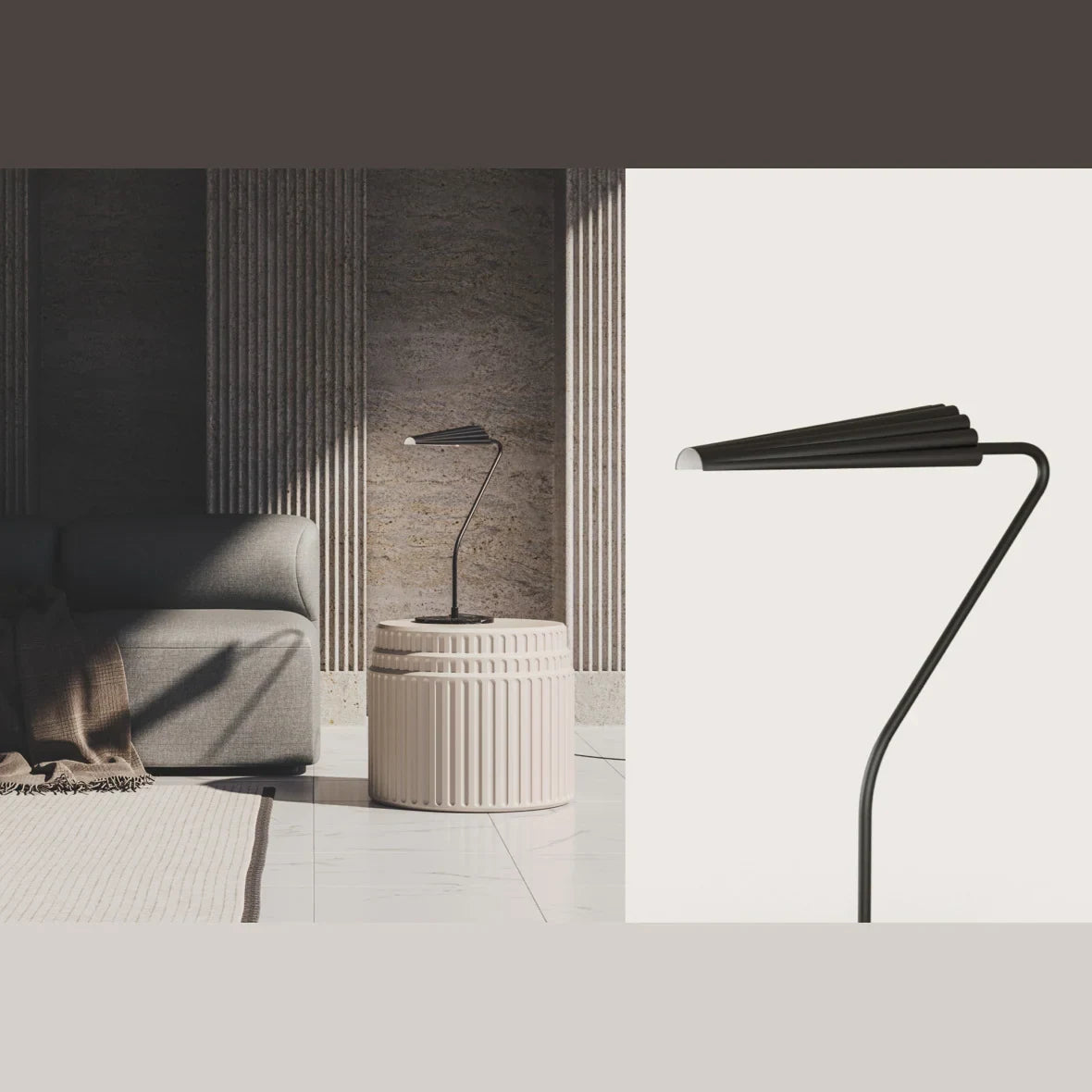 Cantilevered reeded table lamp, in a living room, plus a close-up