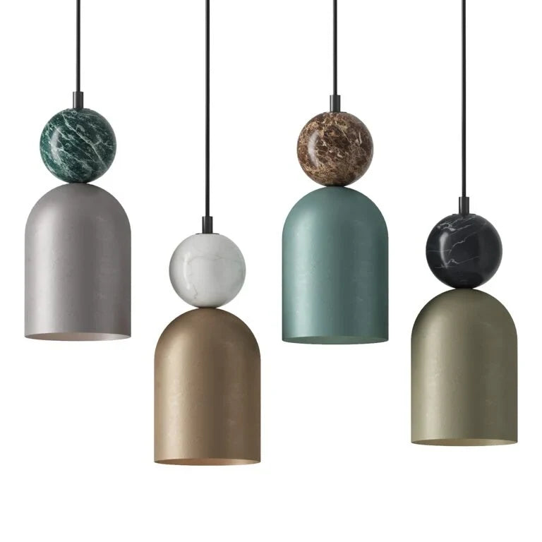 Ceramic bell pendant with green marble ball, shown in other marble and colour combinations
