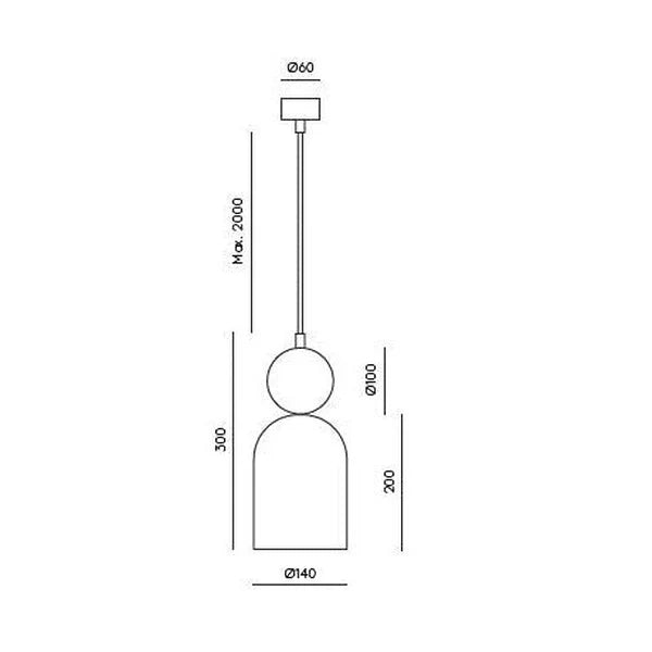 Ceramic bell pendant with marble ball, dimension drawing