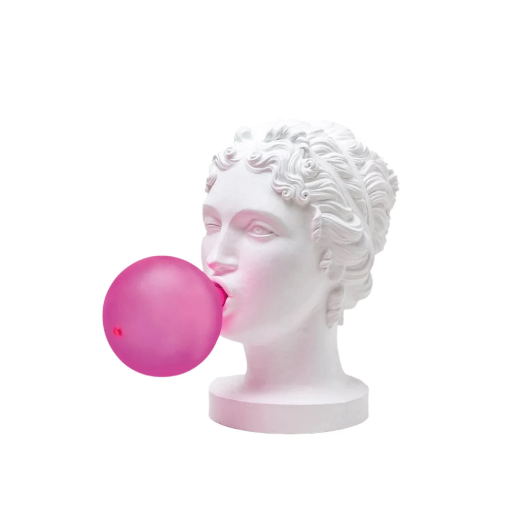 Classical bust table lamp with a pink bubblegum bubble, front view