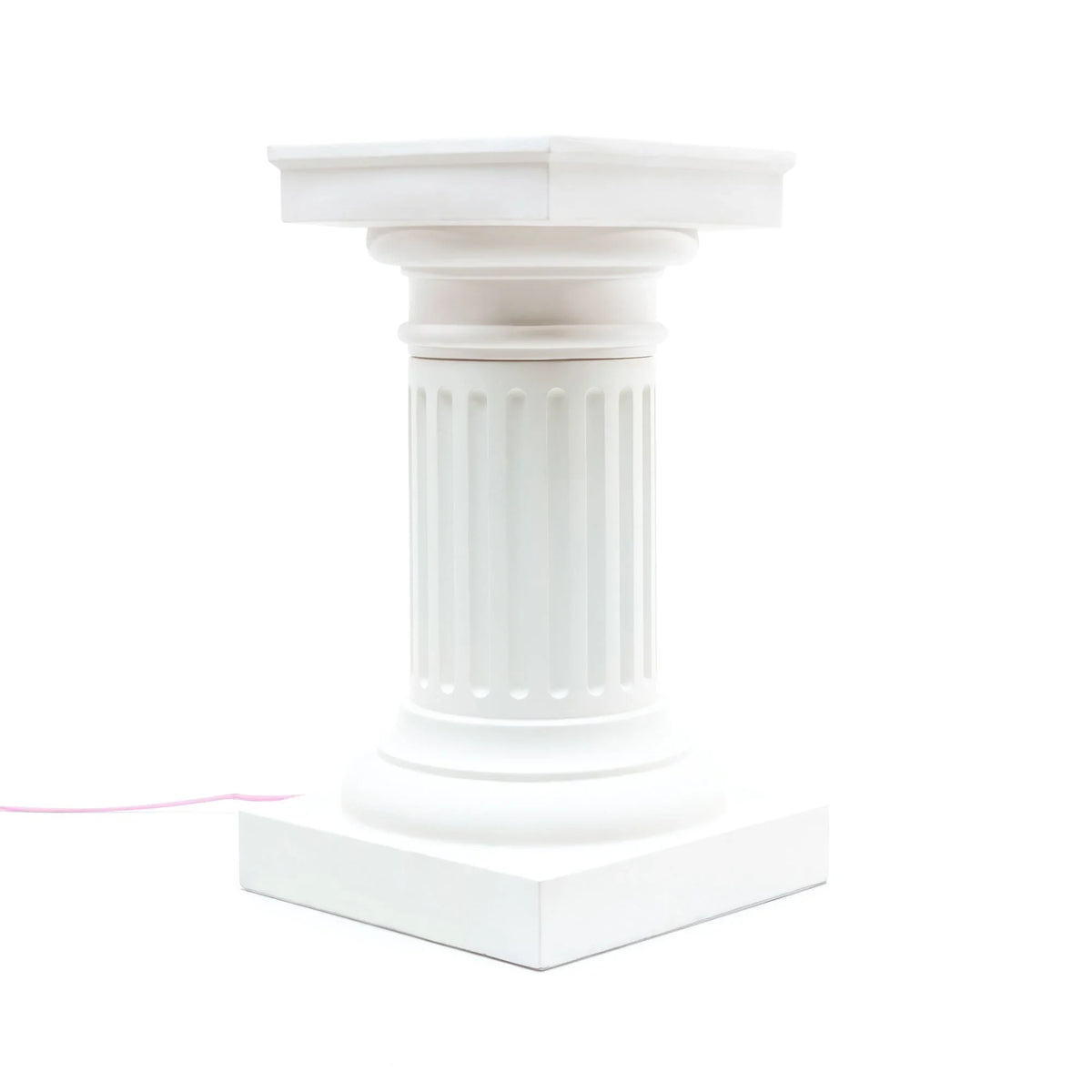 Classical column side table lamp in white porcelain and resin, on a plain background