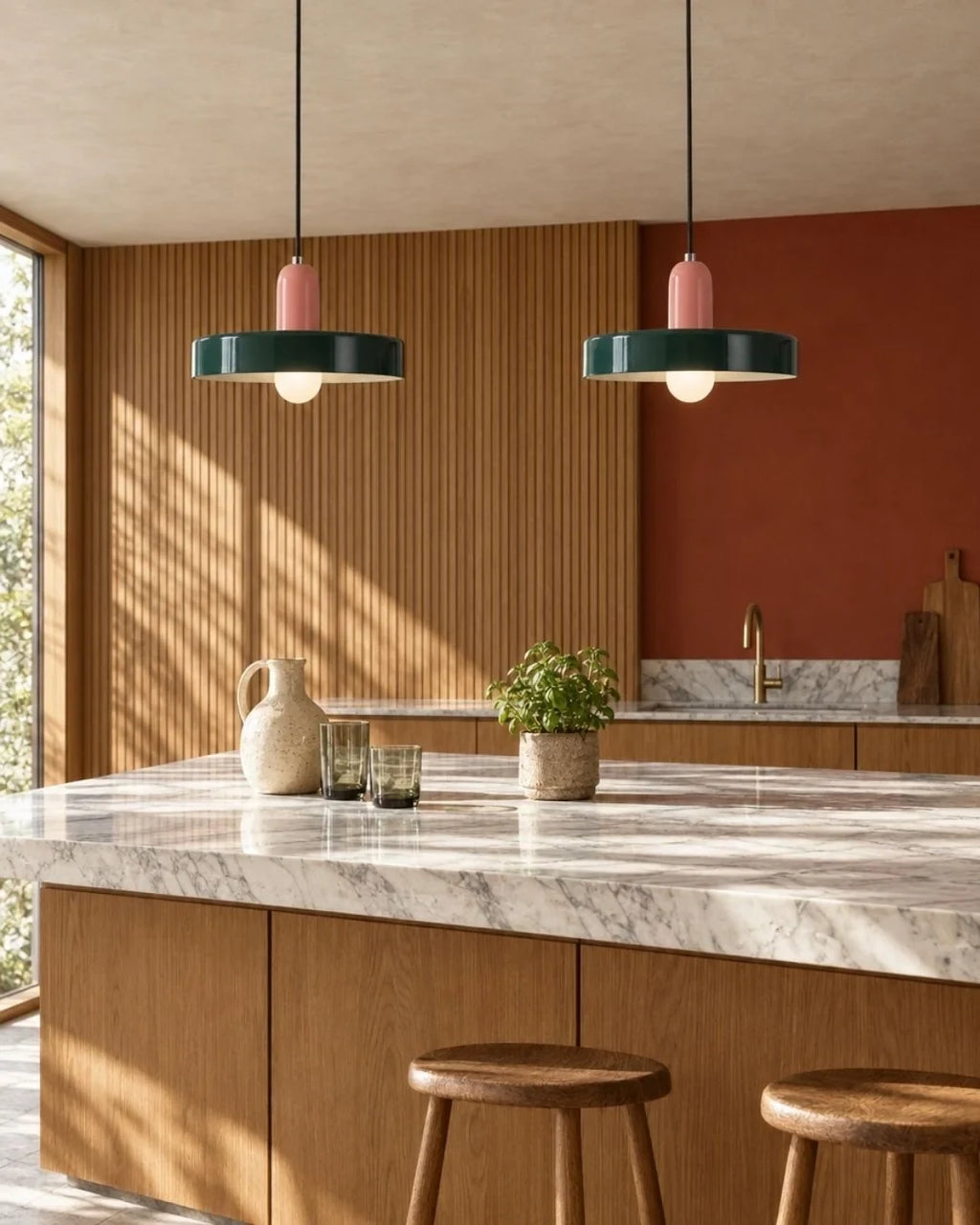 Two-tone disc pendant light, a pair above a kitchen island