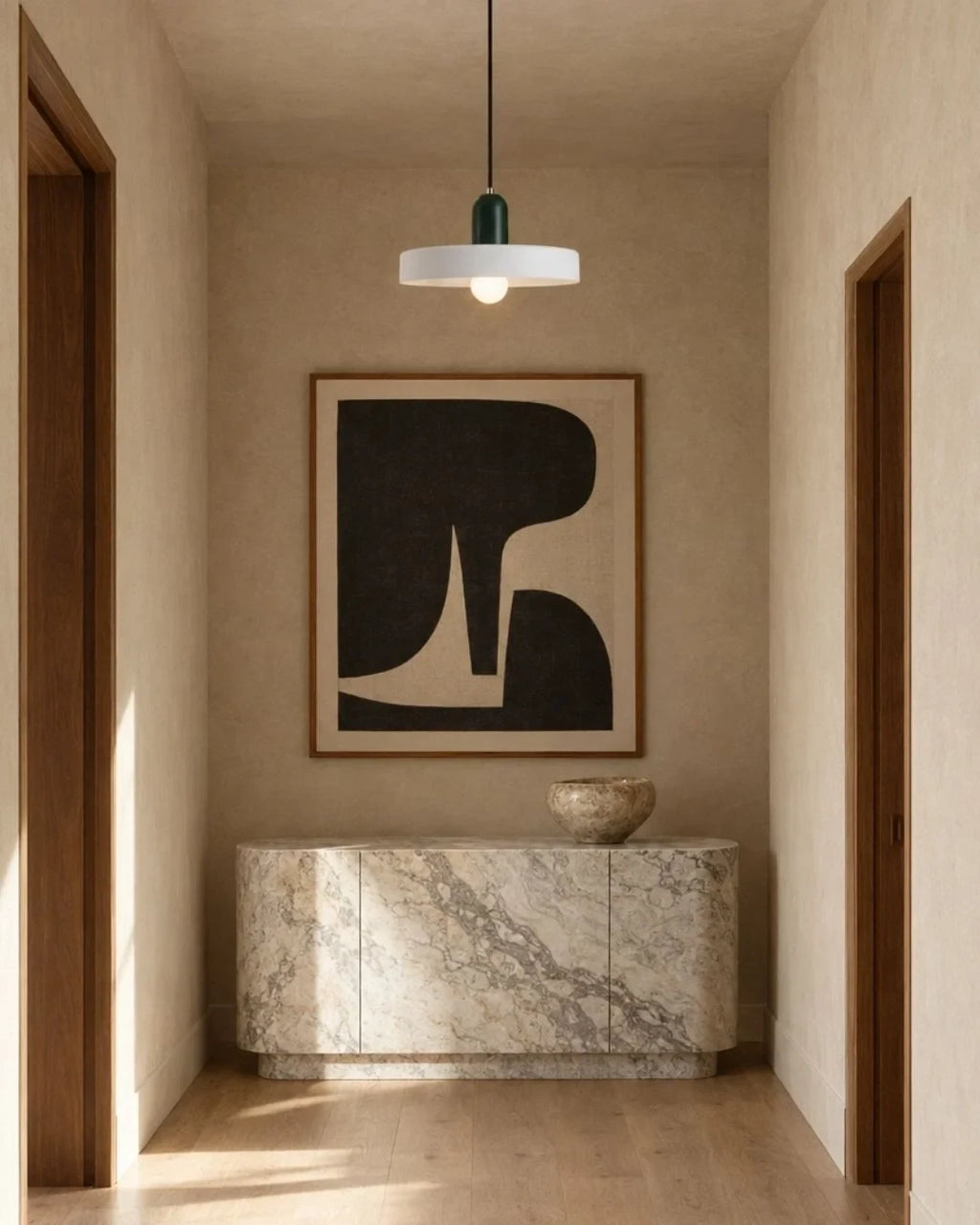 Two-tone disc pendant light, in white and green in a hallway
