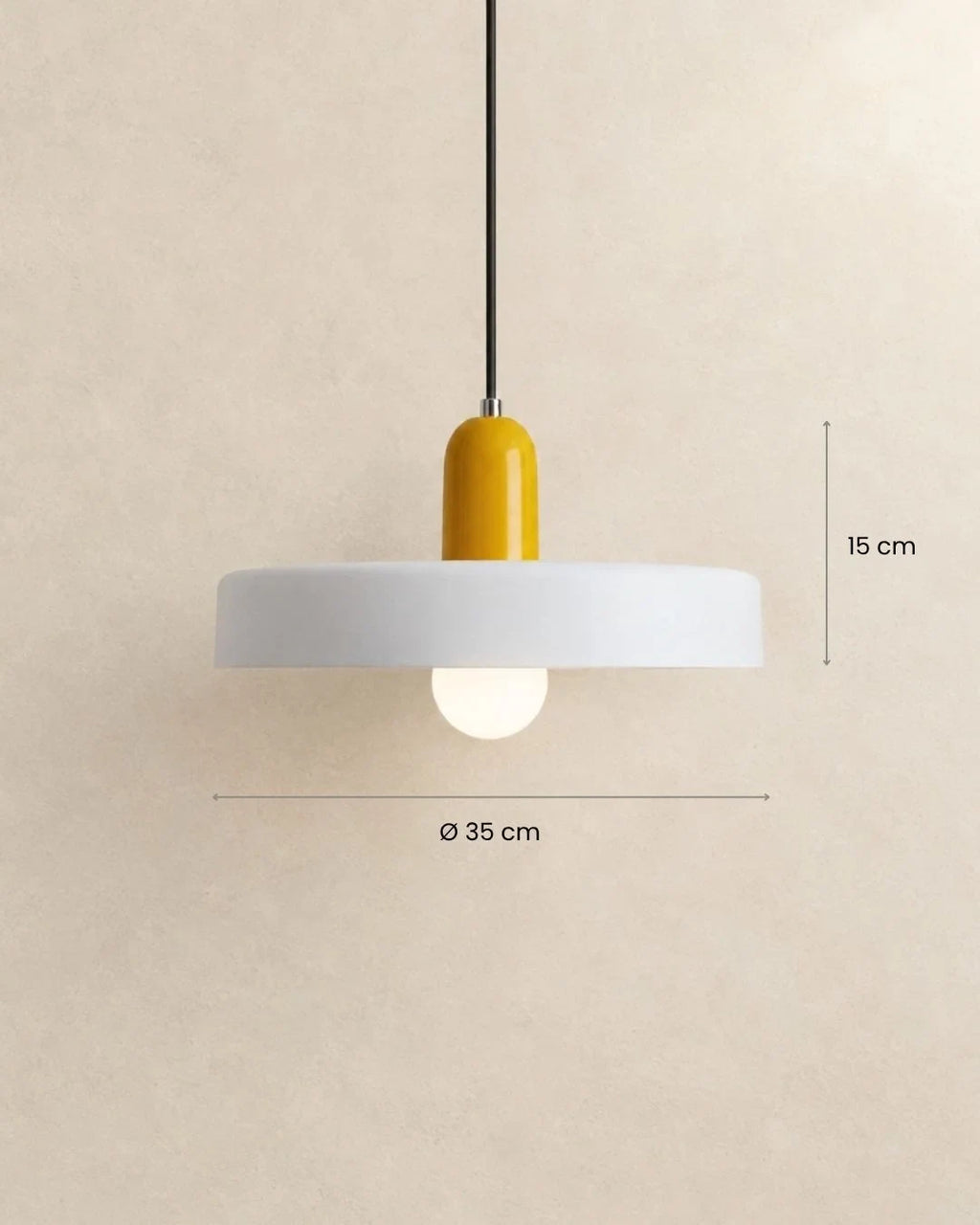 Two-tone disc pendant light, with measurements