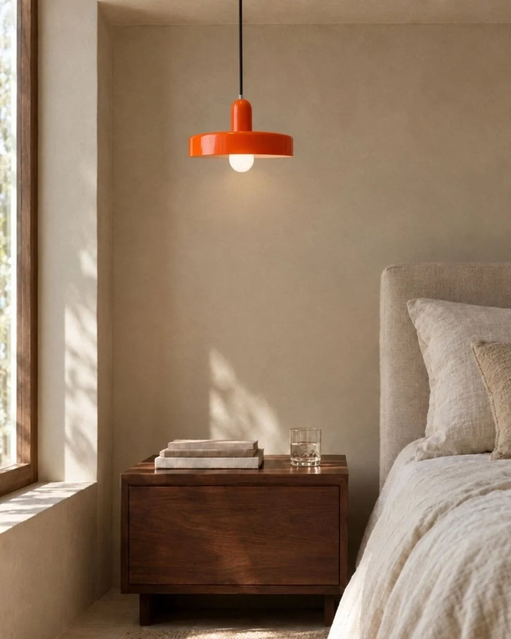 Two-tone disc pendant light, in orange beside a bed