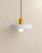 Two-tone disc pendant light, with a yellow cap and white shade