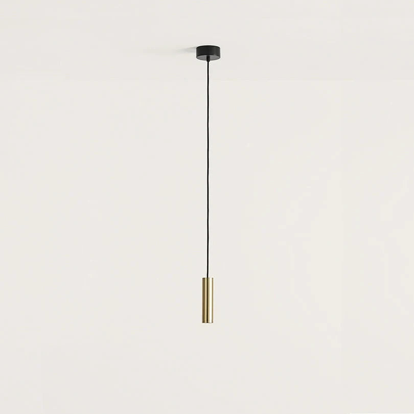 Compact cylinder LED pendant, in matte brass with black canopy