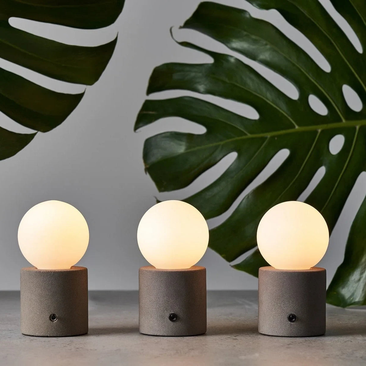 Concrete base table lamp with opal glass globe, three lamps in front of palm leaves