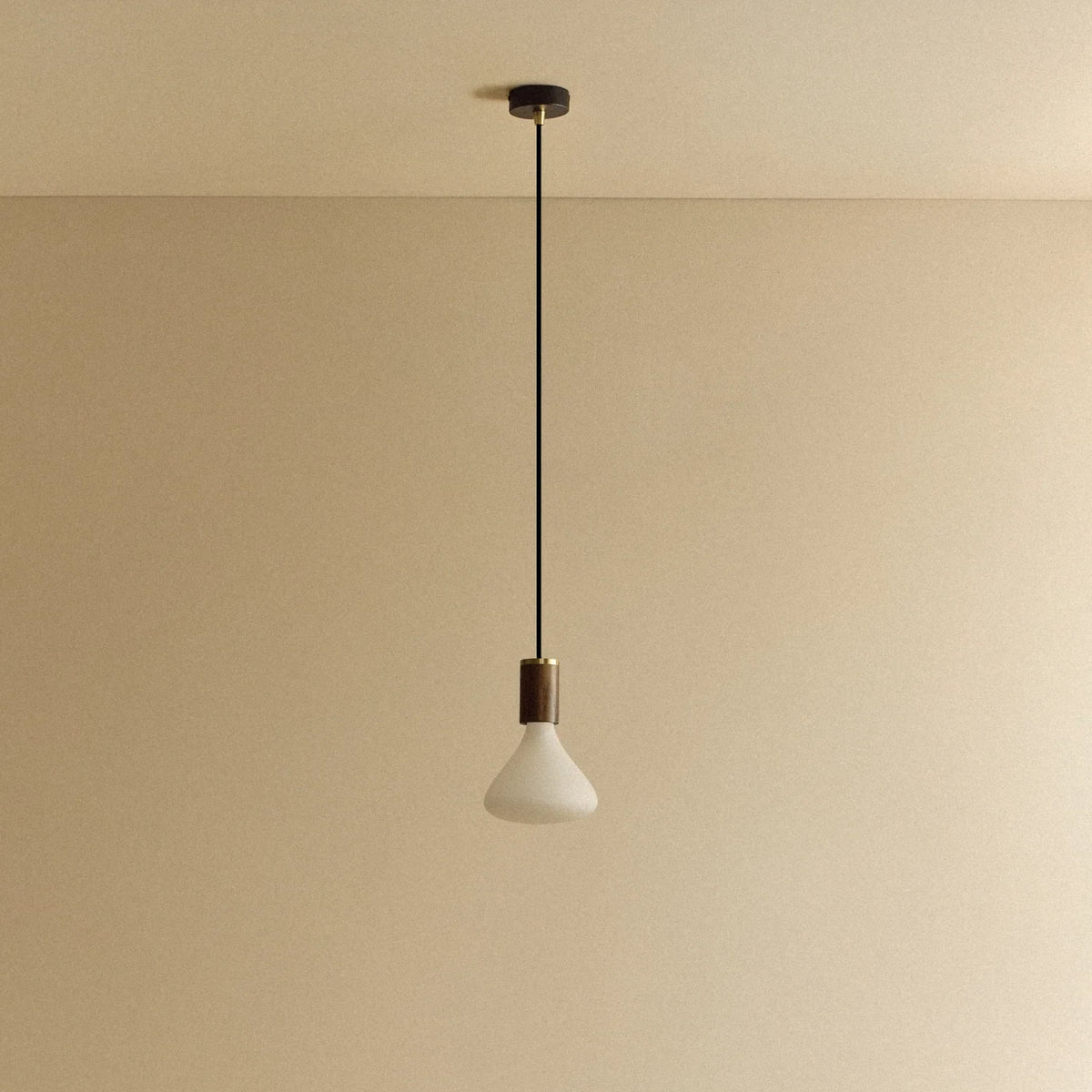 Conical matte white glass pendant, walnut, unlit