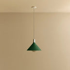 Medium dark green steel pendant with matt white globe bulb, against a plain wall, alternative view