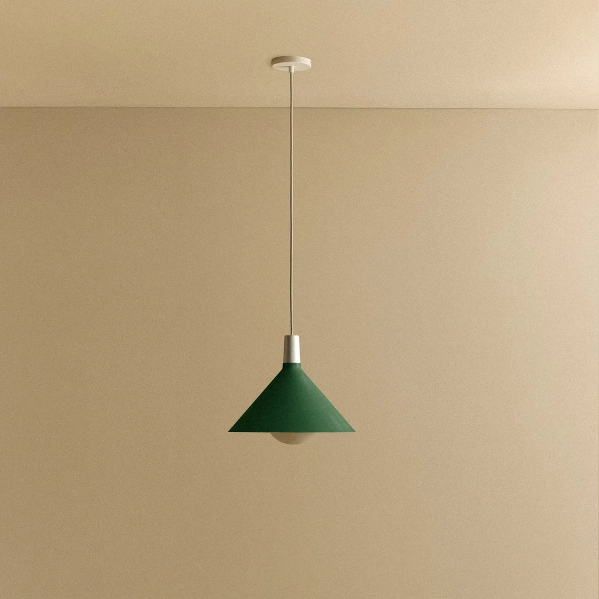 Medium dark green steel pendant with matt white globe bulb, against a plain wall, alternative view
