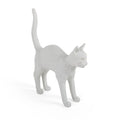 Cordless white cat table lamp with glowing eyes, arched back, tail raised