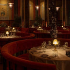 Cordless pleated shade table lamp, lit on a restaurant table