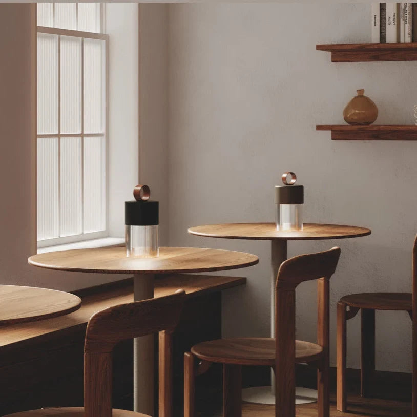 Cordless fluted glass table lamp, on café tables by a window