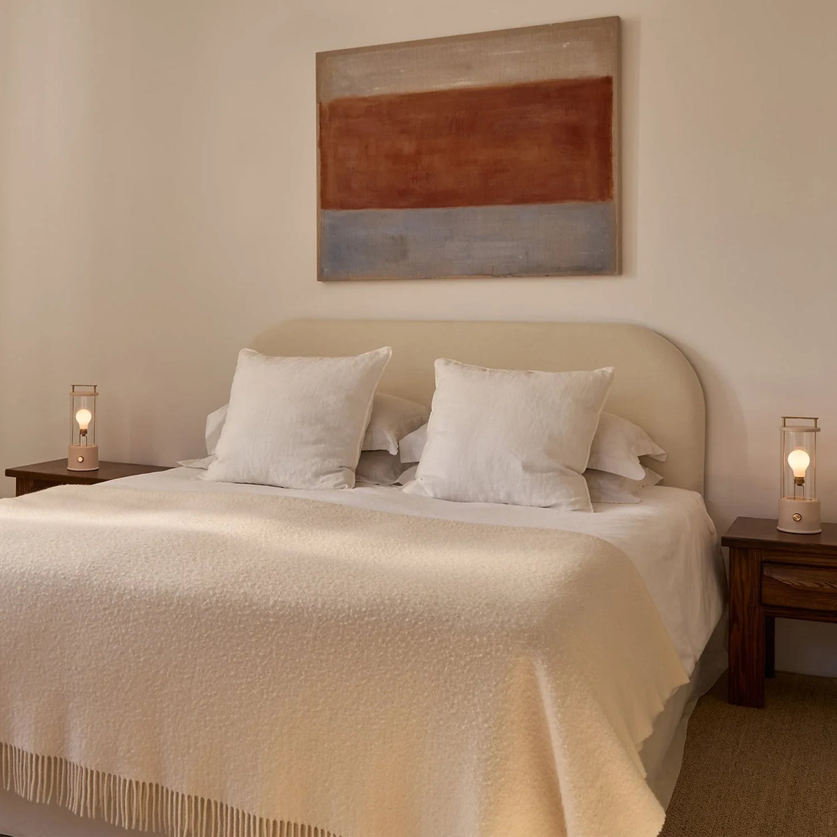Cordless lantern lamp, plaster pink finish, two on bedside tables