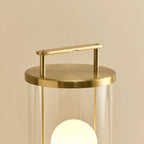 Cordless lantern lamp, solid brass, close-up of the handle and top