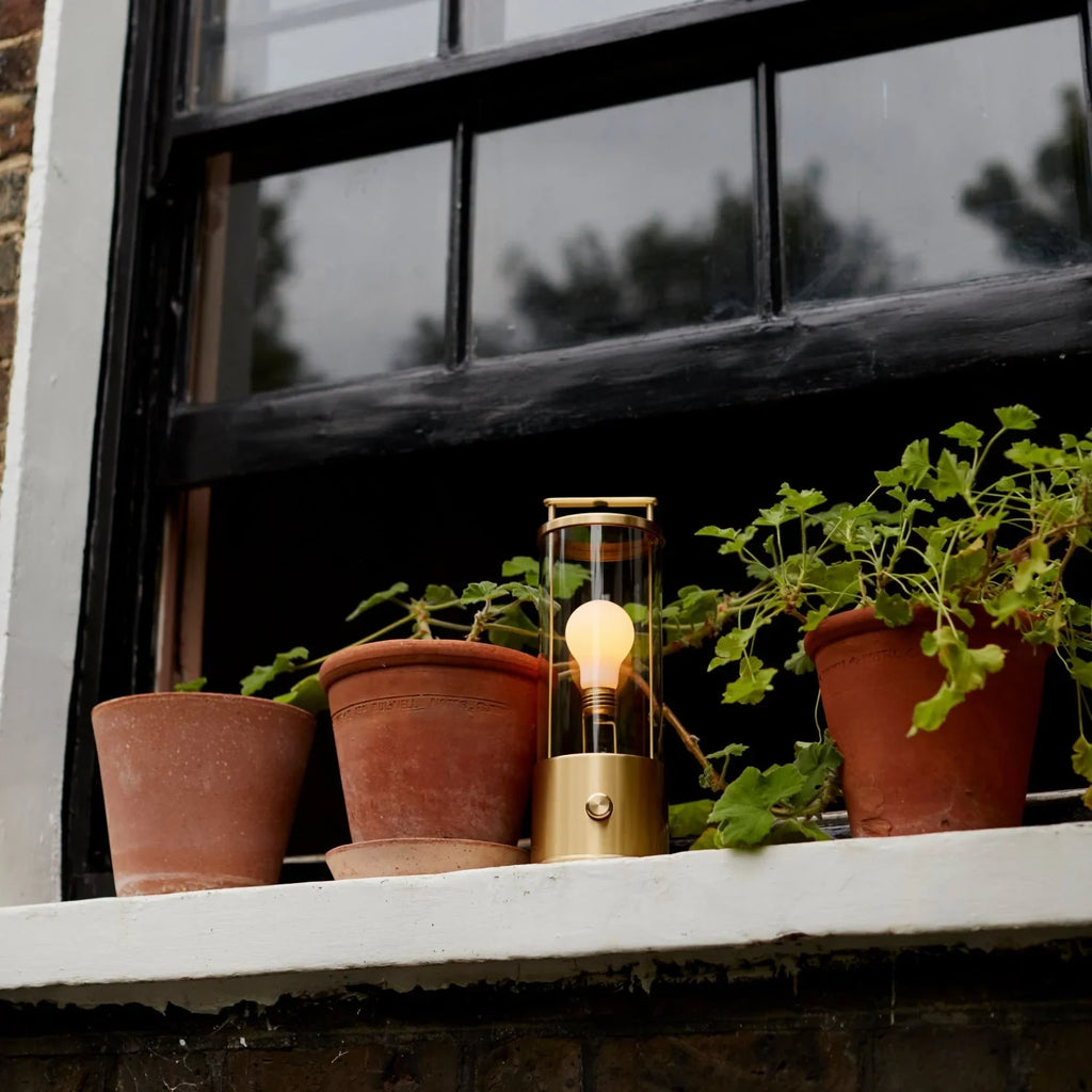 Cordless lantern lamp, solid brass, on a windowsill among plants