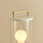 Cordless lantern lamp, white finish, close-up of the handle and top
