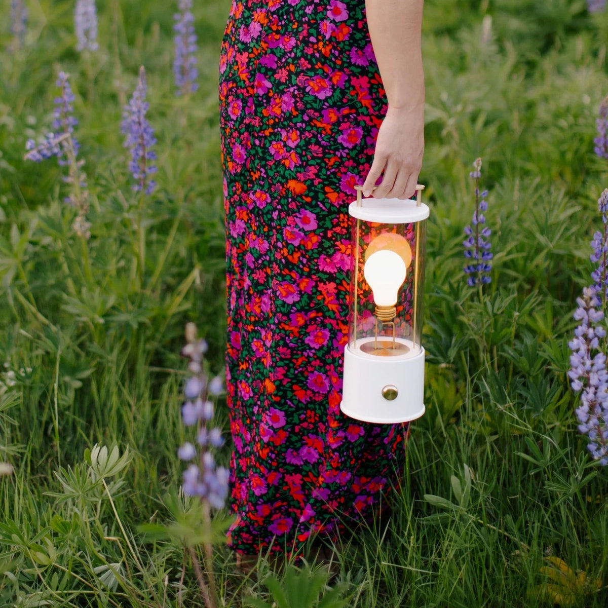 Cordless lantern lamp, white finish, carried through a meadow