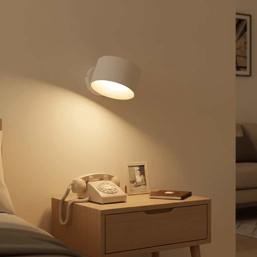 Cordless rechargeable wall light, in white, lit above a bedside table