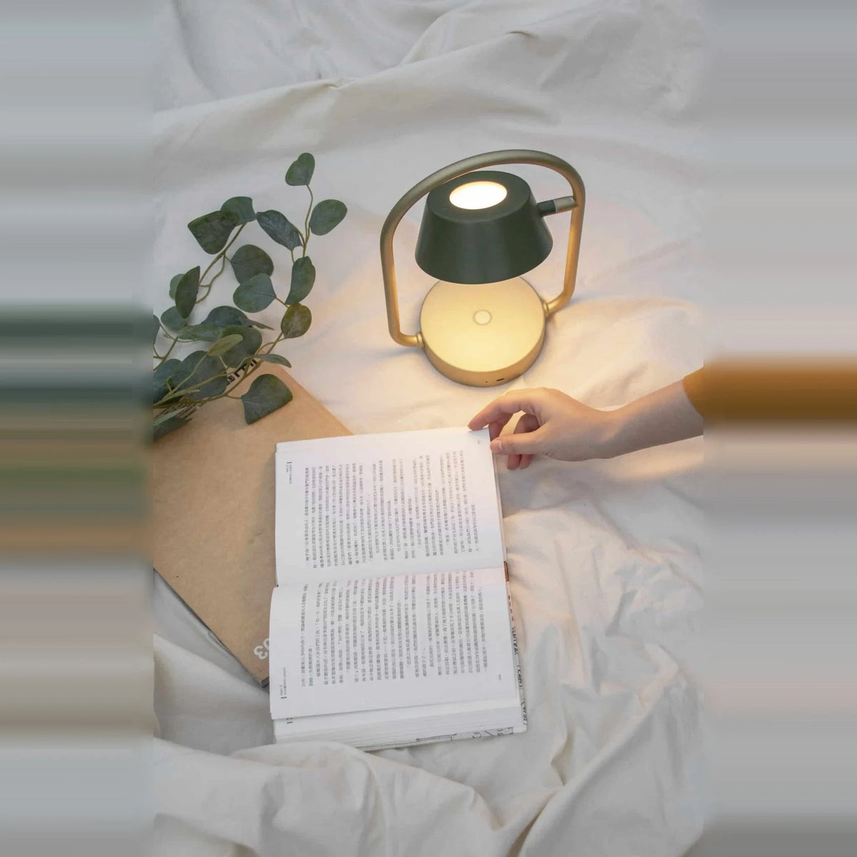 Cordless oval loop table lamp, champagne gold, lit beside an open book