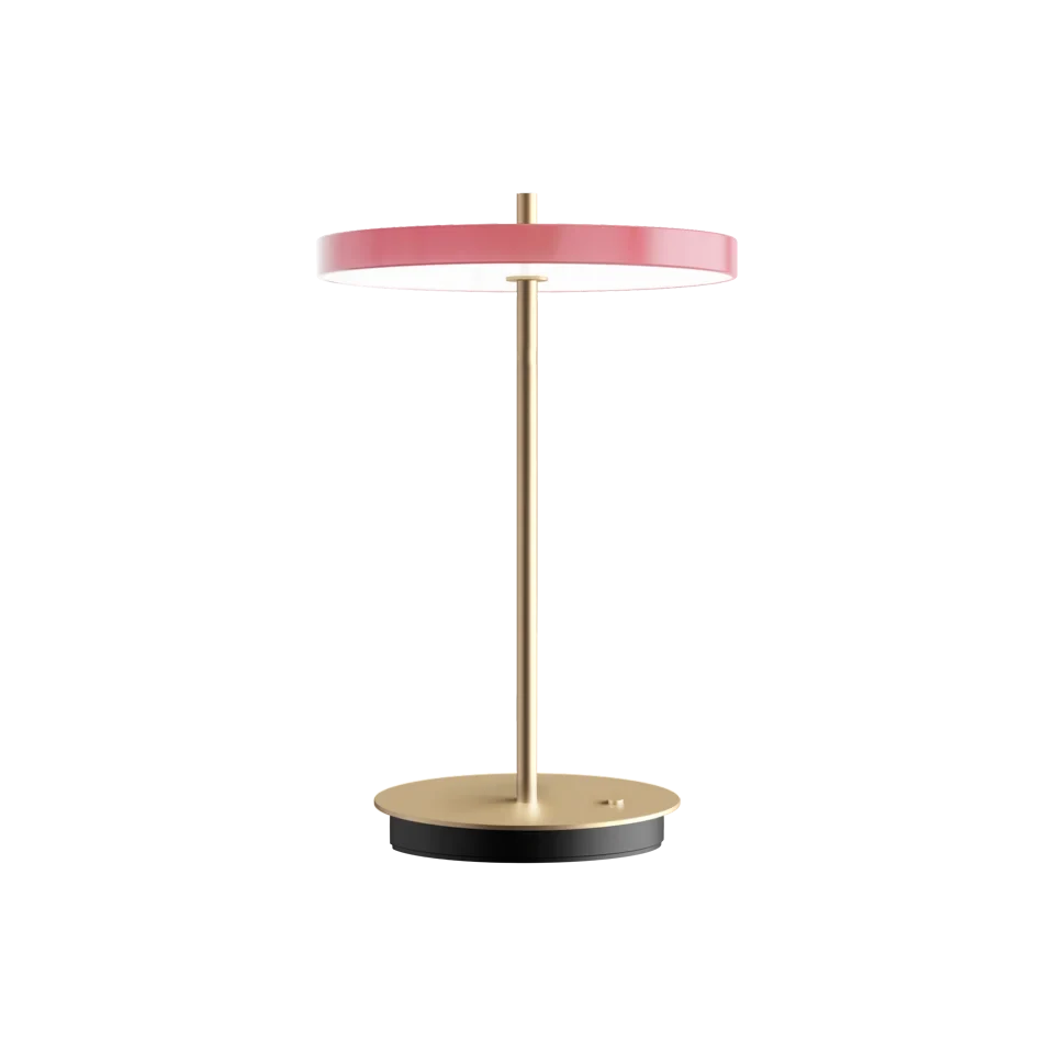 Cordless rechargeable LED table lamp, brass base, in rose, front view