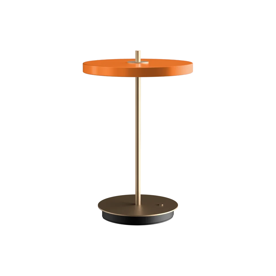Cordless rechargeable LED table lamp, brass base, in orange