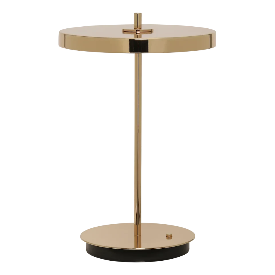 Cordless rechargeable LED table lamp, brass base, close-up of the polished brass shade