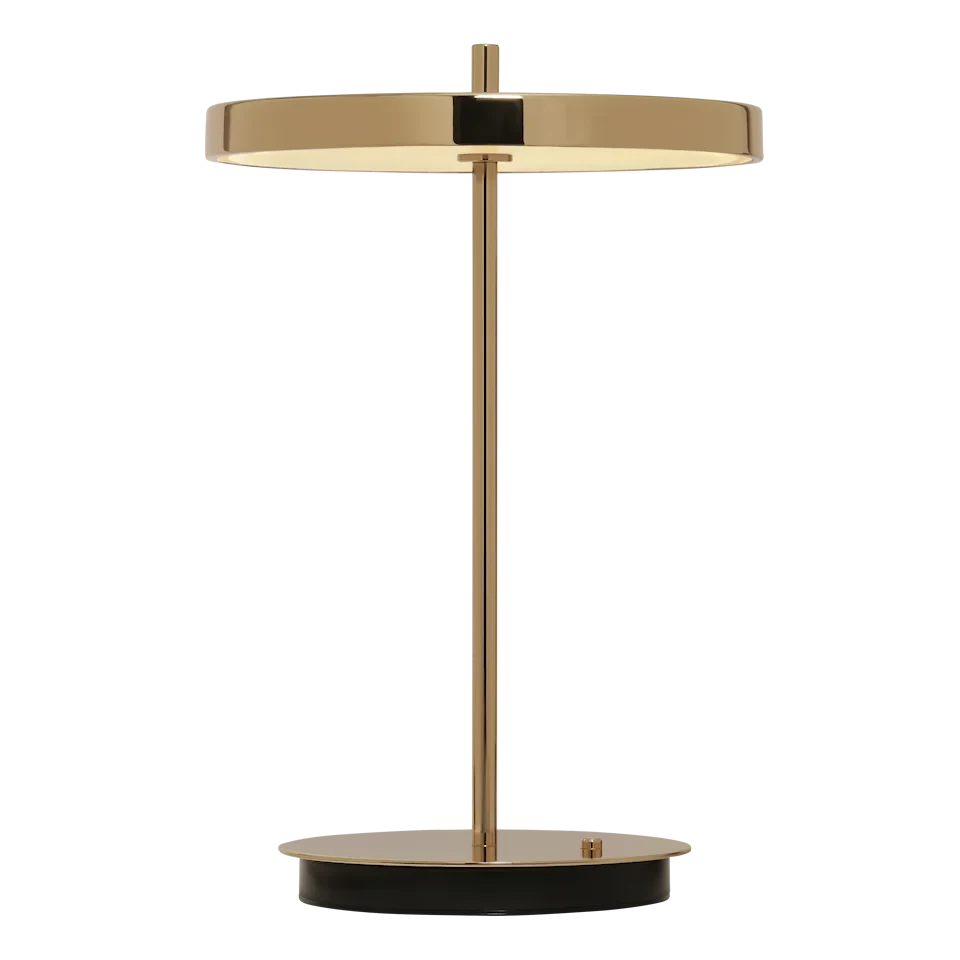 Cordless rechargeable LED table lamp, brass base, close-up of the disc and brass stem