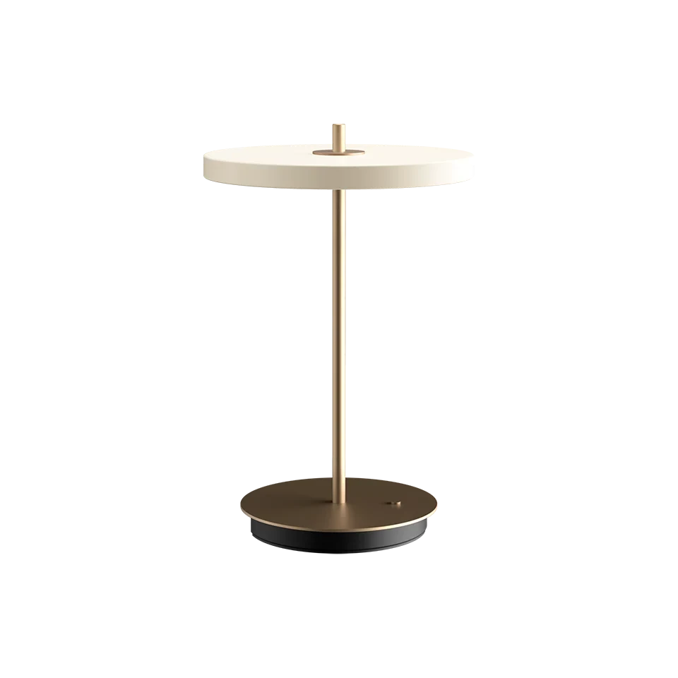 Cordless rechargeable LED table lamp, brass base, in pearl white