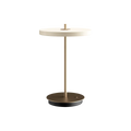 Cordless rechargeable LED table lamp, brass base, in pearl white